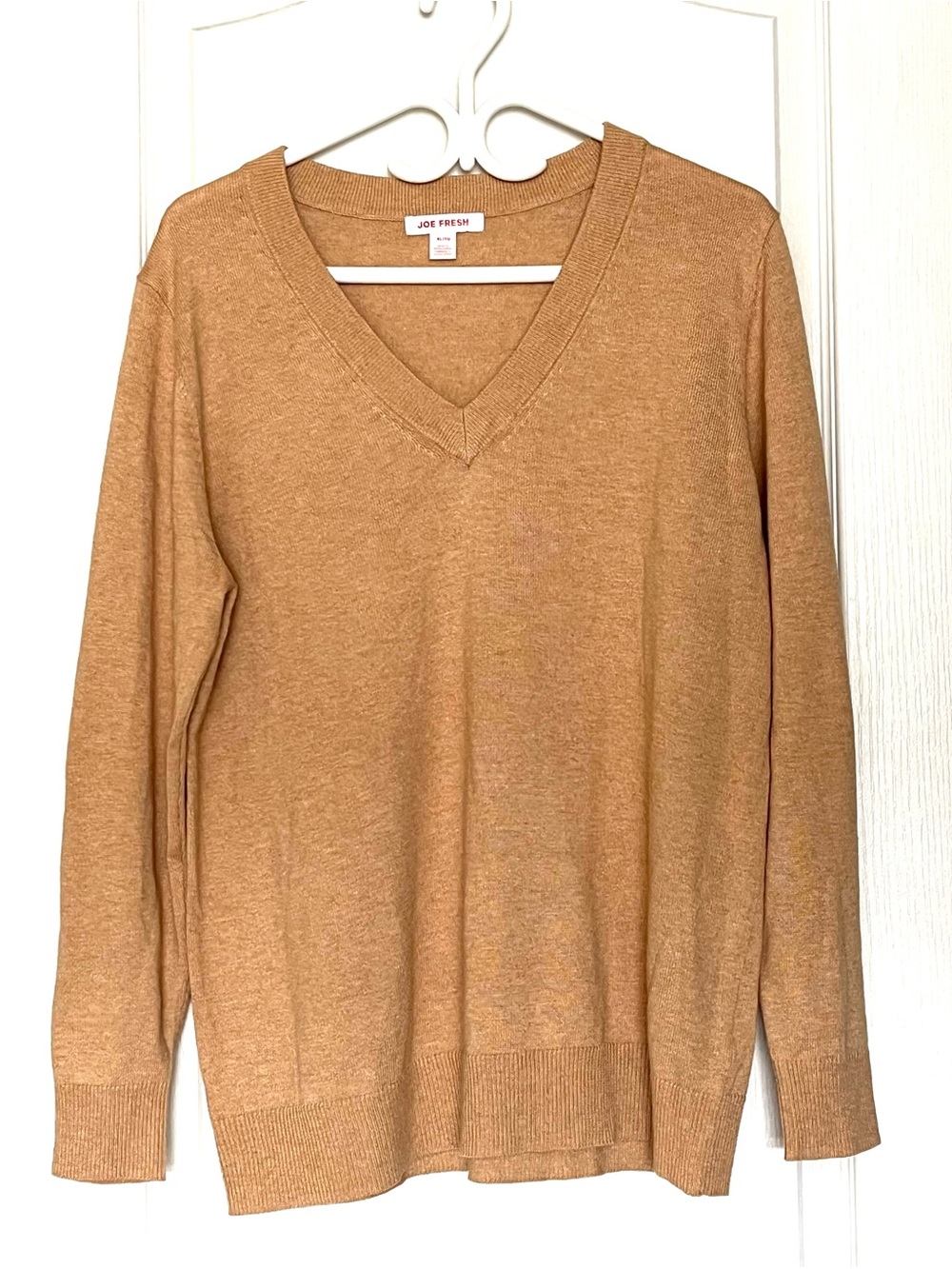 Joe Fresh V Neck Sweater Size XL Tan Camel Cotton Cashmere Blend Knit Soft EUC